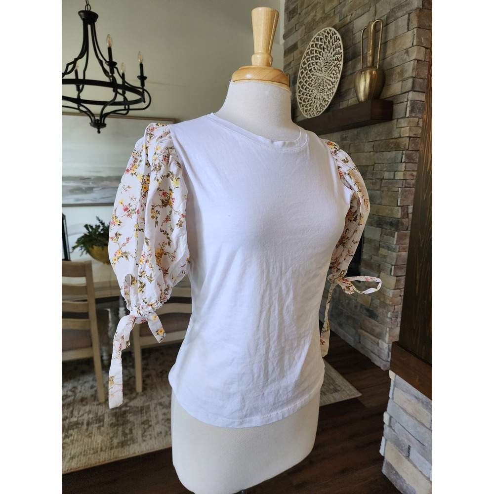 Zara Womens White Floral Puff Sleeve Tie Cuff Cotton T-Shirt Size M